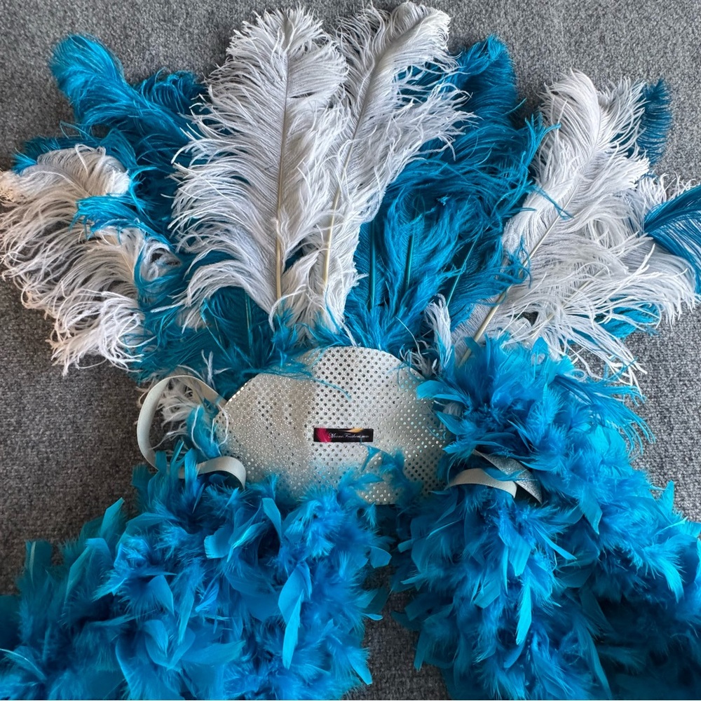 Ostrich Feather Fantasy Back Piece by Miami Feathers Burlesque Dance Turquoise - Picture 3 of 5